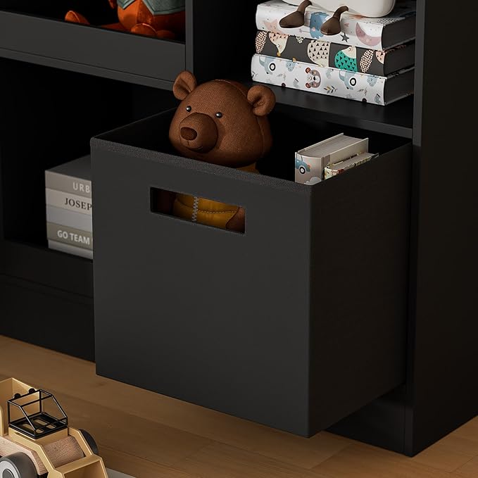 Kids Bookshelf with 9 Cube, Toy Storage Organizer with 2 Fabric Drawers, 3-Tier Freestanding Wooden Open Shelf Bookshelf, Modern Kids Display Bookcase for Bedroom, Living Room, Office, Black