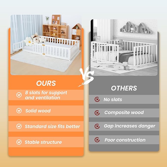 NAIZEA Twin Floor Bed for Kids-Twin Montessori Bed Frame with Wood Slats and Door and Slats, Wood Toddler Floor Beds for Girls and Boys