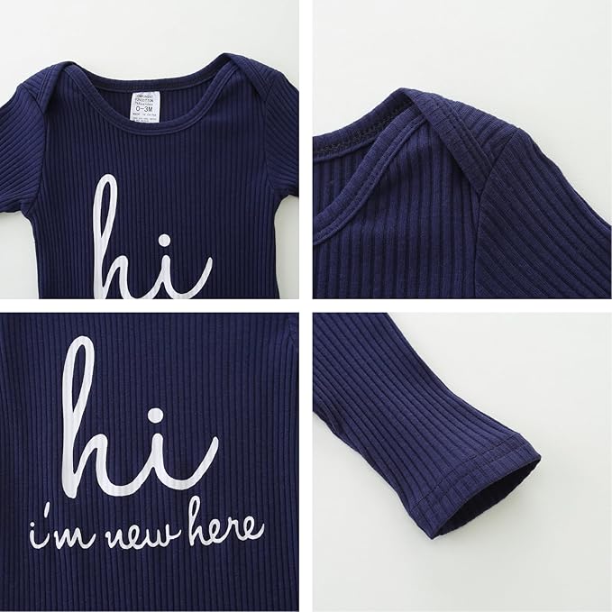 Baby Romper with Baby Mittens & Newborn Hats Footless Long Sleeve Solid Onesie Hi Im New Here