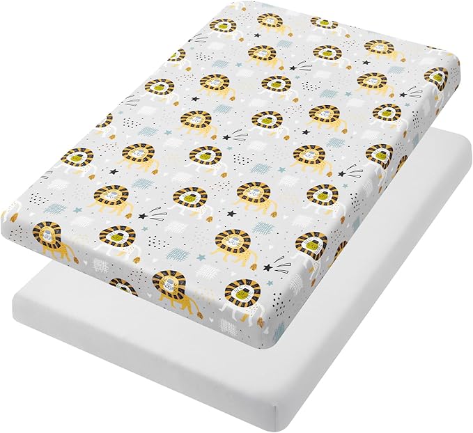 TILLYOU Mini Crib Fitted Sheets - Soft Knit Sheet for Pack N Play, Microfiber Mini Crib Sheets, Playpen Bedding Sheet for Baby 2 Pack, Machine Washable, 38'' x 24'', Lion's Paradise and Grey