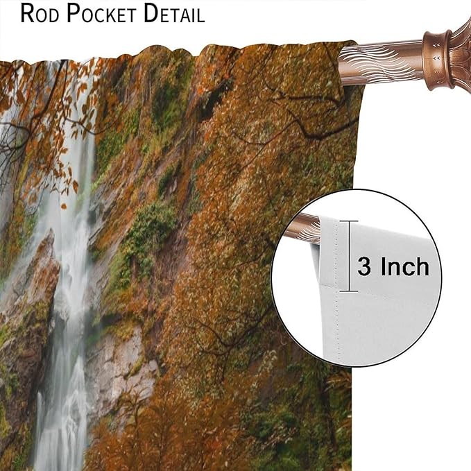 Forest Waterfall Blackout Curtains, Autumn Jungle Mountains Fall Nature Landscape Window Drapes, for Bedroom Living Room 55" W X 63" L