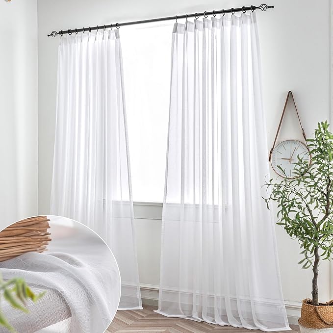 White Sheer Curtains 84 Inches Long 2 Panels, Thin Textured Linen Look Pinch Pleated Curtain for Track System, See Through Drapes for Living Room, Rustic Window Treatments Decor
