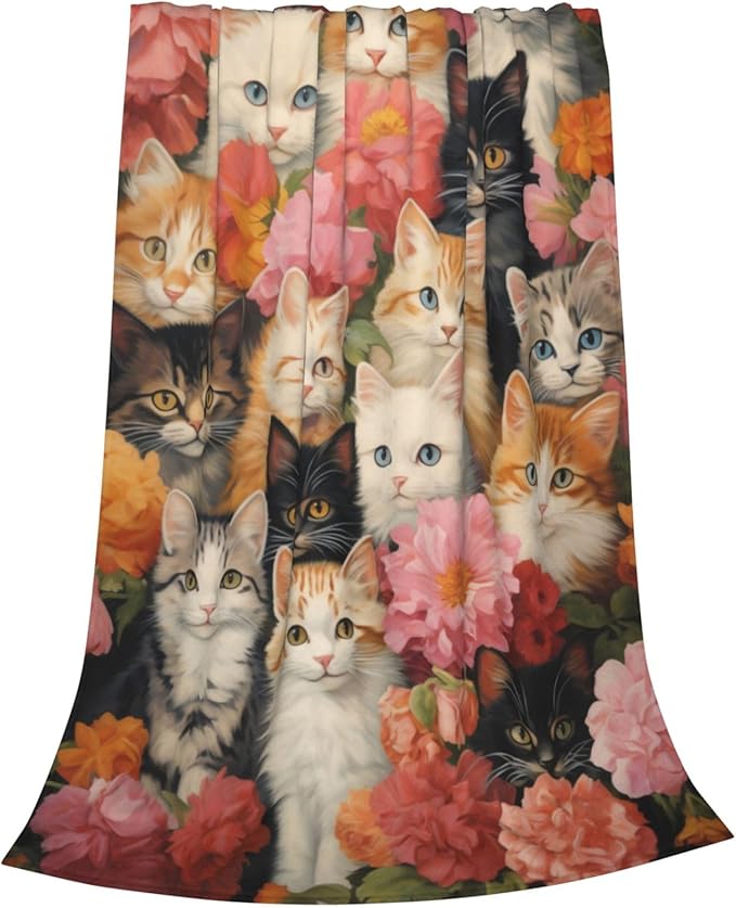 Cute Cat Blanket Gifts for Cat Lovers Girls Women Kitten Floral Flannel Throw Blankets for Home Couch Bed Sofa Soft Fuzzy Lightweight Decor All Season 80x60 Inches