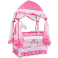 BABY JOY 4 in 1 Pack and Play with Canopy, Portable Baby Playard with Bassinet, Double-Layer Baby Crib, Wheels & Brake, Foldable Baby Girl Pink Princess Bassinet from Newborn to Toddler