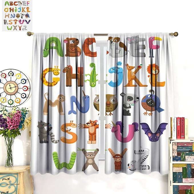 Kids Alphabet Curtains Cartoon Animal Baby Children Funny Learning Educational Curtain with Rod Pocket for Bedroom Nursery Decor Drapes Window Treatments 2 Panels Set 63x72in