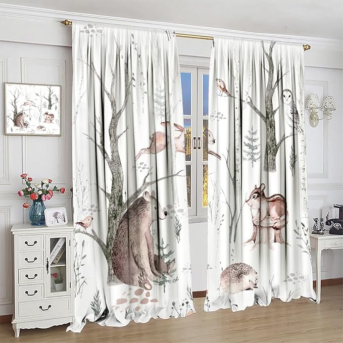 Watercolor Woodland Animal Curtains, Wildlife Bear Farmhouse Lodge Cabin Squirrel Owl Hedgehog Fox Blackout Rod Pocket Windows Door Curtain for Bedroom Living Room Home Decor 63x72in