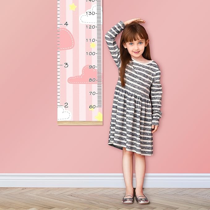 Personalized Kids Name Growth Chart Ruler for Wall Wood Frame Height Measure Chart 13.4x56 in Linen Hanging Height Growth Chart Cute Pink Kids Room Decor