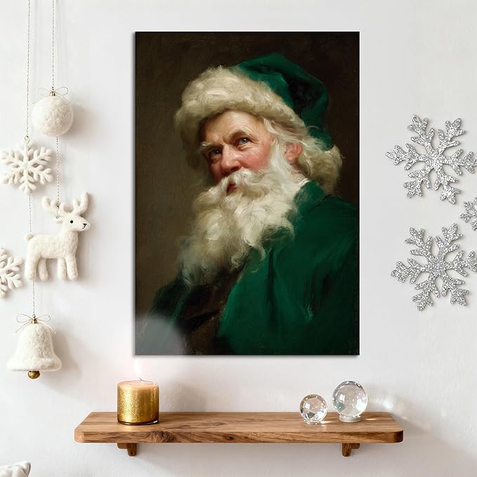 YONICA Christmas Canvas Wall Art Green Santa 12x18 Inch Historical Christmas Figure Art - Large Framed Gallery Wrapped Collectors Edition