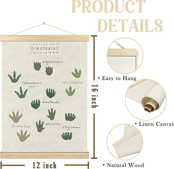 BCUANGD Dinosaur Dino Paw Wall Decor - Baby Toddler Boys Room Wall Art Poster Hanger with Wood Frames, Inspirational Hanging Canvas Decor for Kids Room Playroom Nursery Bedroom, 12x16 Inches