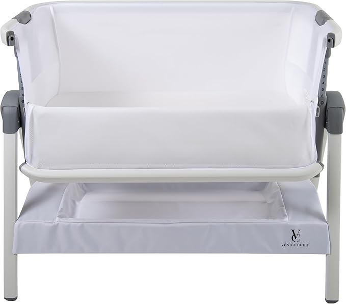 Venice Child California Dreaming Bedside Crib Bassinet w/Travel Case, Bamboo Bassinet Sheet, Removable Bamboo Compressed Cotton Mattress, Height Adjustable, Easy Clean (White)
