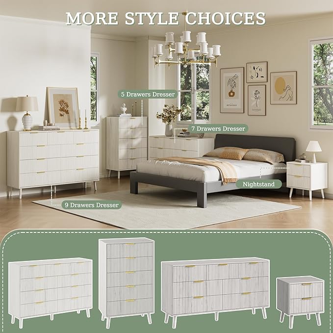 LYNSOM Fluted Dresser and Nightstand Sets 2 Piece, 2-Drawer Nightstands and 7-Drawers Dresser, Wood Bedroom Furniture Set for Home, Bedroom, Hallway, White
