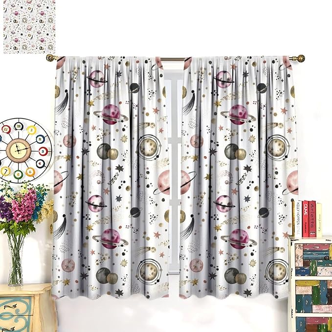 Kids Outer Space Curtains, Cartoon Galaxy Planet Universe Starry Starts Printed Window Drapes for Boys Girls Teens Bedroom Nursery 55" W X 63" L