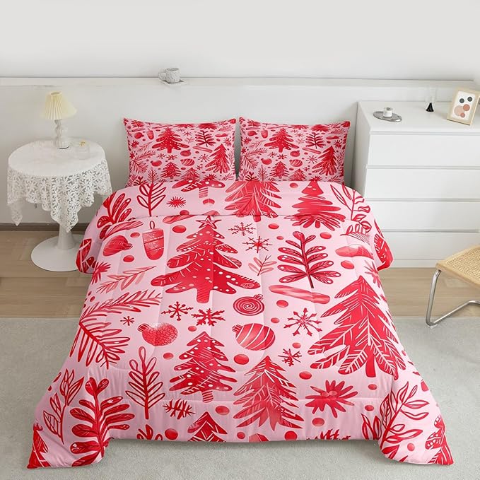 Feelyou Christmas Kids Comforter Set Queen Size Snowflake Candy Bedding Set Xmas Tree Duvet Quilt for Kids Boys Girls Bedroom Pine Tree Decor Microfiber Ultra Soft Breathable