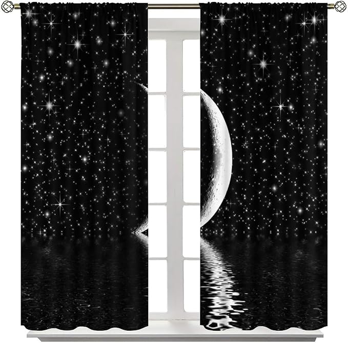 Night Starry Sky Curtain, Black Moon Phase Cloud Stars White New Moon Sparkly Shiny Galaxy Space Lake Fantasy Window Curtains for Kids Boys Girls Room Bedroom Living Room 55" W X 63" L