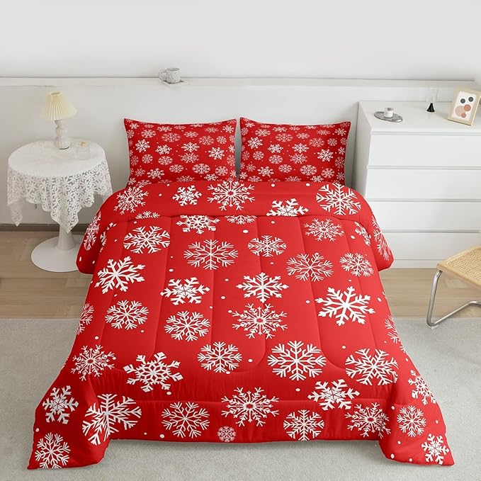 Feelyou Christmas Comforter Set All Season Winter Snowflake Bedding Set with 1 Pillow Cases Xmas Festival Microfiber Kids Toddler Bedclothes Snowflake Red Bedroom Decor Duvet Quilt Breathable Soft