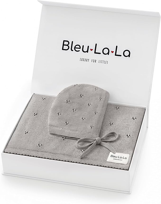Organic Pointelle Baby Blanket + Hat Gift Set for Boys & Girls - 100% Soft Luxury Cotton Swaddle Blanket + Bonnett Registry for Newborns & Infants (Dove Grey + Hat)