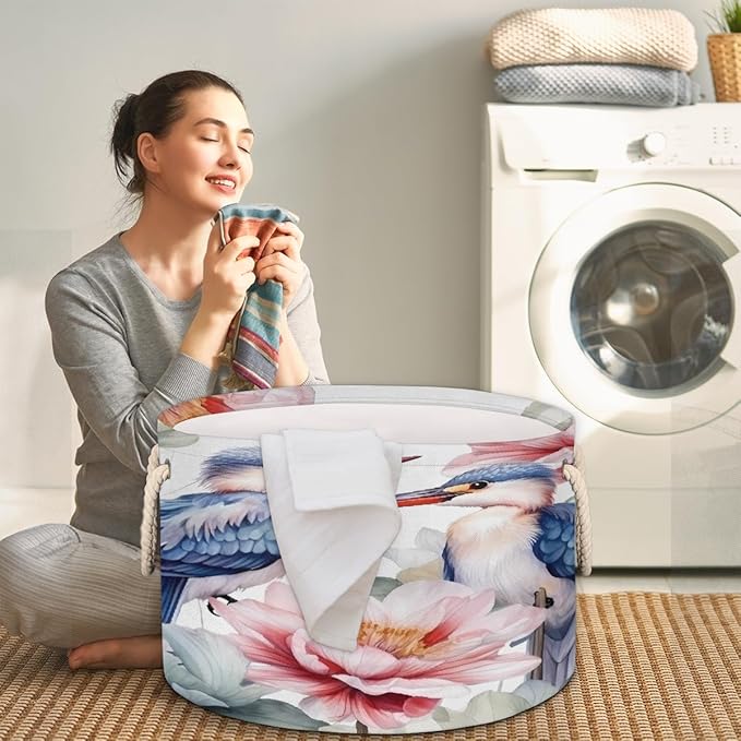 Watercolor Bird Flower Round Storage Basket for Laundry & Toys, Lightweight Fabric Laundry Hamper with Handles, Foldable Large Organizer Bin for Bedroom Bathroom Nursery Dorm