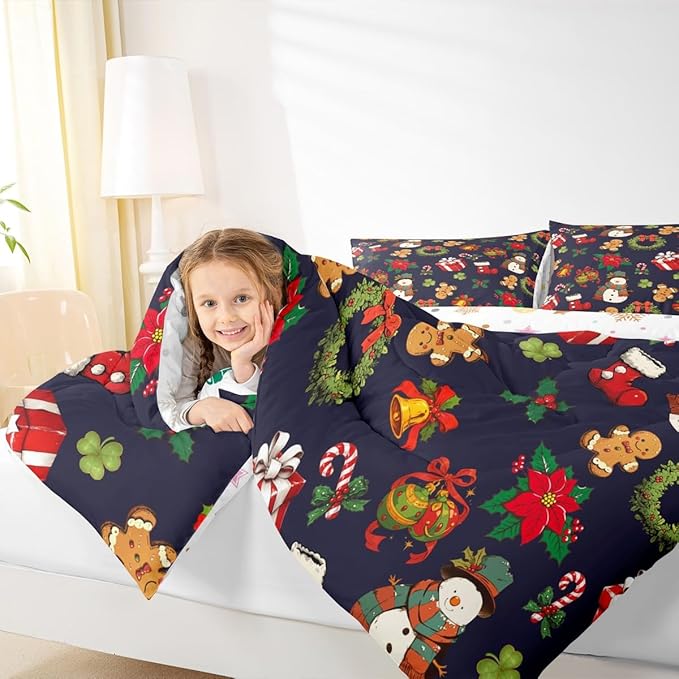 jejeloiu Merry Christmas Comforter Set Twin Size Cute Snowman Bedding Set for Kids Boys Girls Gingerbread Man Duvet Quilt Dark Blue Bedroom Decor
