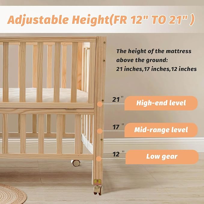 Folding Wood Bedside Bassinet - Portable 4-in-1 Baby Bassinet with Breathable Mattress,3 Heights Baby Crib with Wheels,Mini Crib for Infant Newborn and Small Space,Unpainted