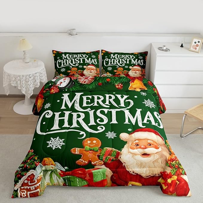 Feelyou Green Christmas Comforter Set All Season Santa Claus Bedding Set with 1 Pillow Cases Gingerbread Microfiber Kids Twin Bedclothes Bedroom Decor Duvet Quilt Breathable Soft