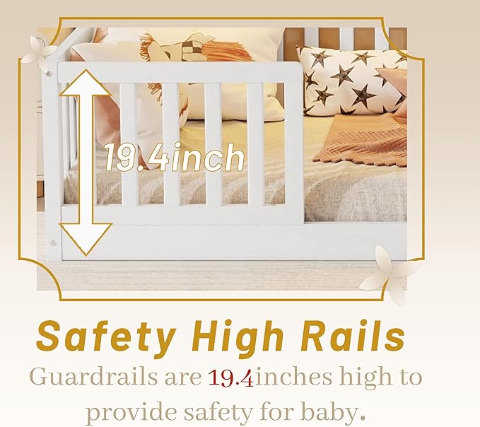 Full Size House Bed for Kids, Low Profile Full Montessori Bed with High Railings, Wood House Shape Montessori Beds with Light & Roof for Kids, White