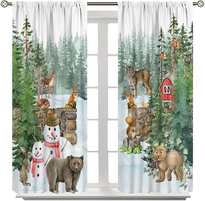 Woodland Animal Curtains, Watercolor Squirrel Hare Bear Bird Pattern Blackout Window Treatments, Rod Pocket Thermal Insulated Drapes 2 Panel Sets for Kids Bedroom Nursery Classroom, 63" W X 63" L