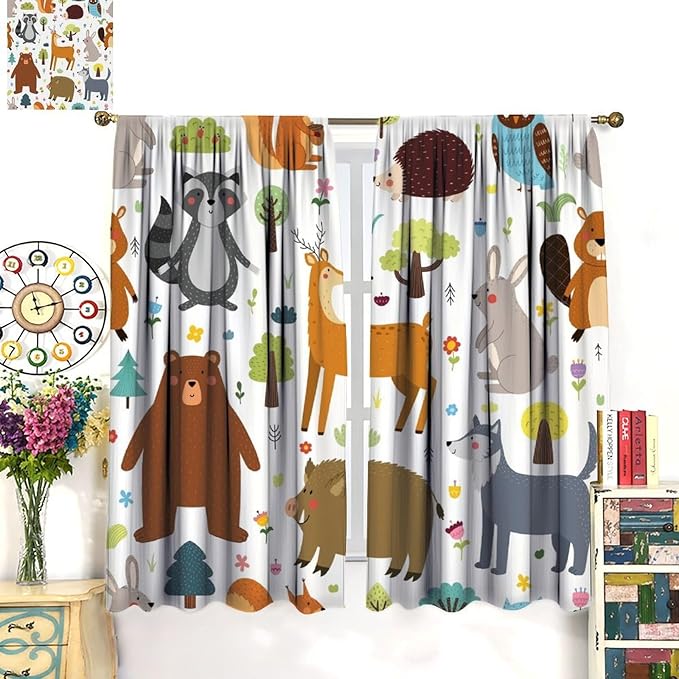 Forest Animals Kids Blackout Curtains Cartoon Cute Bear Deer Squirrel Owl Hedgehog Modern Art Print for Boys Girls Bedroom Living Room Nursery Rod Pocket Decoration Window Drapes 2 Panels W21xL54in