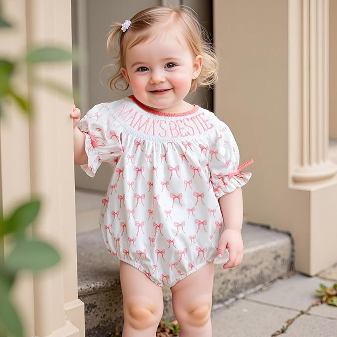 Newborn Baby Girl Romper Mamas Mini Bow Plaid Print Puff Sleeve Smocked Bubble Romper Jumpsuit Bodysuit Clothes