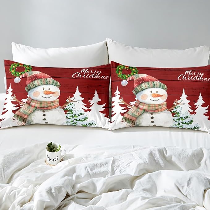 Merry Christmas Duvet Cover Set Queen Size, Cute Snowman and Xmas Tree Print Comforter Cover with 2 Pillowcases, Red Wooden Stripe Print Bedding Set 3pcs for Kids Girls Bedroom Decor,No Comforter