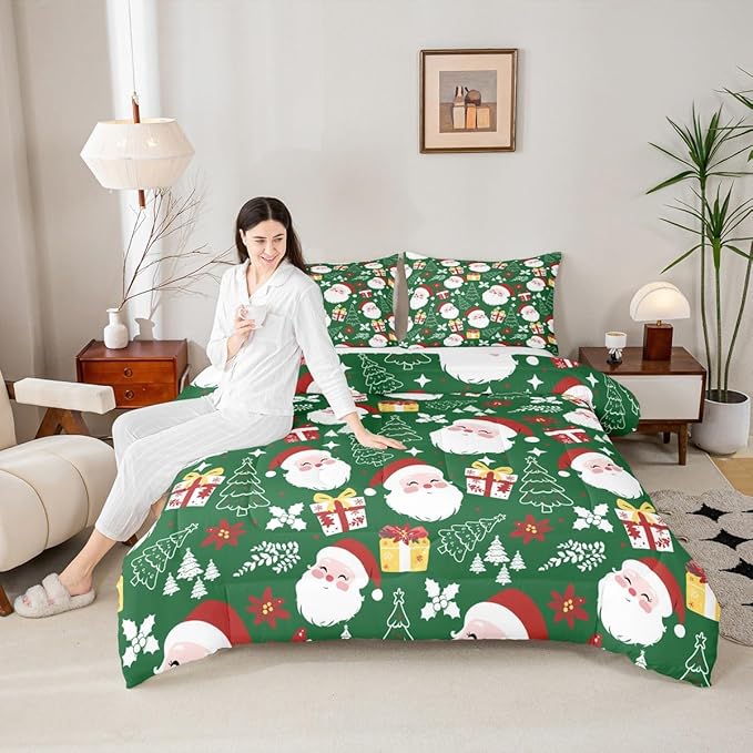jejeloiu Santa Claus Comforter Set King Size Merry Christmas Bedding Set for Kids Boys Girls Xmas Themed Duvet Quilt Green Bedroom Decor