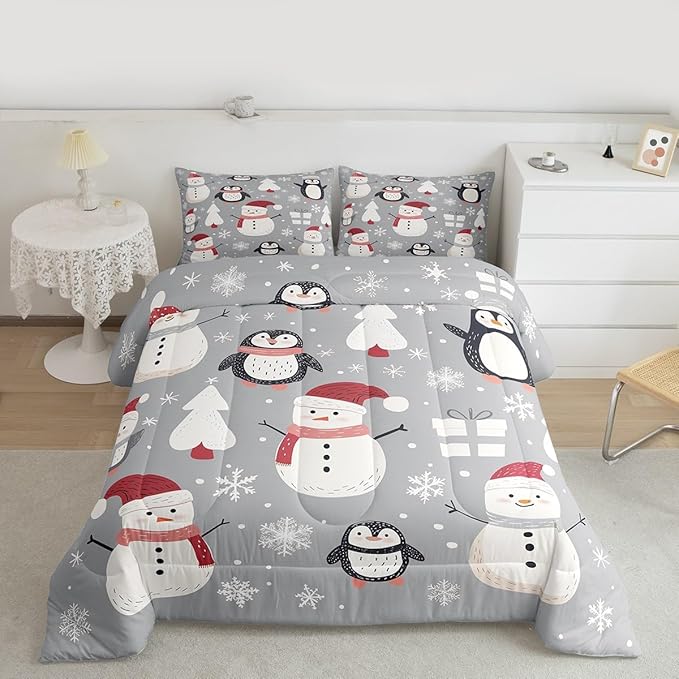 Feelyou Christmas Comforter Set Twin Size Snowman Snowflake Bedding Set for Kids Boys Girls Penguin Duvet Quilt New Year Gift Bedroom Decor Microfiber 2 Pcs with 1 Pillow Cases