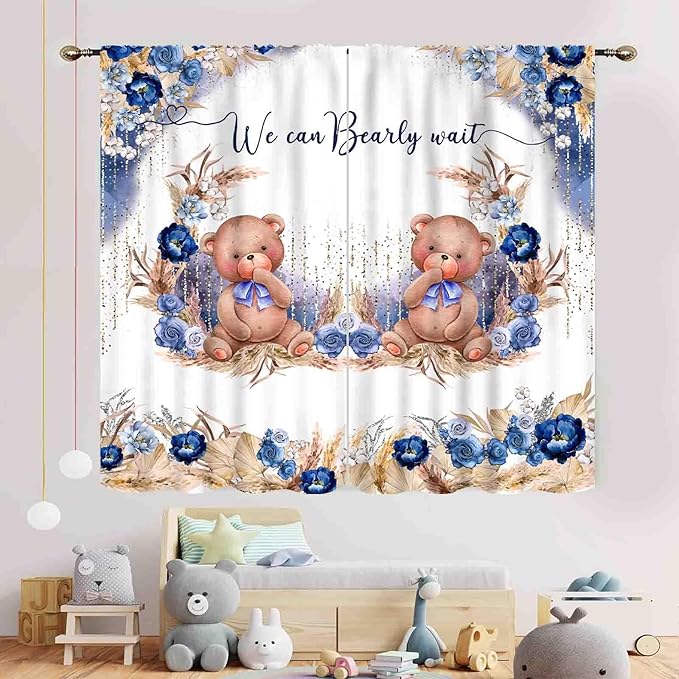 Bear Curtains for Kids Room, Baby Boys Girls Cute Lovely Bear Watercolor Floral Blue Window Drapery Treatments for Living Room Bedroom Nursey Toddler Classroom 2 Panels, 42"x54" Inch