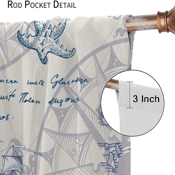 Nautical Sailboat Map Curtain,Ship Compass Lighthouse Anchor Decorative Curtain Polyester Fabric Waterproof Bedroom Curtain Set 2 Panels,42x45 Inches