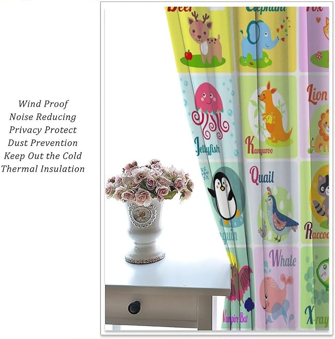 Kids Alphabet Letter Curtains Funny Education School Cute Cartoon Animal Printed Curtain with Rod Pocket for Bedroom Living Room Home Drapes Window Treatments 2 Panels Set 52" W X 84" L