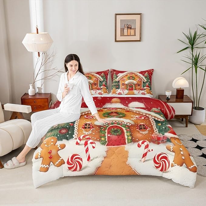 jejeloiu Kids Christmas Theme Comforter Set Queen Size Xmas Tree Gingerbread Man Bedding Set for Boys Girls Teens Candy Cane House Winter Happy New Year Duvet Quilt Room Decor