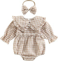 Karuedoo Newborn Baby Girl Clothes Gingham Plaid Bubble Romper Long Sleeve Ruffle Bodysuit with Headband Spring Fall Outfit
