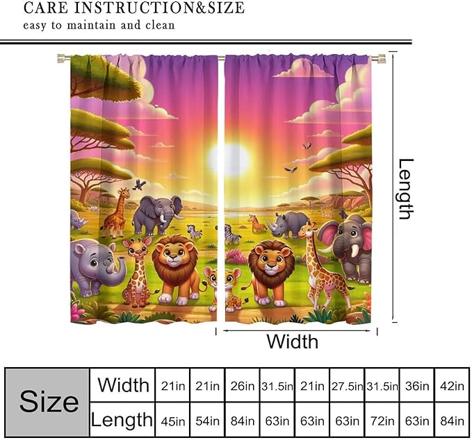West Animal Curtains Kids Boys Girls Window Treatment Africa Cartoon Animals Lion Elephant Giraffe for Nursery Baby Bedroom Playroom Decor Window Drapes 84" W X 84" L