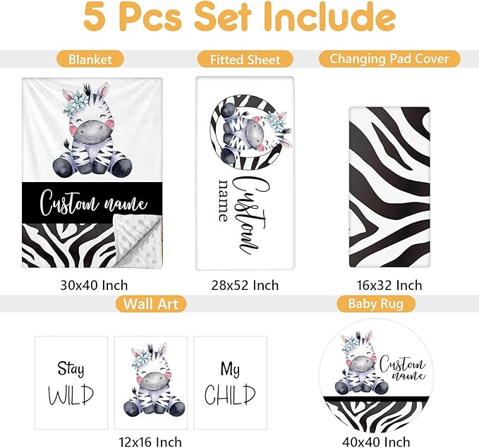 Personalized Baby Crib Bedding Set, 5 Pcs Custom Name Nursery Bedding Set, Striped Zebra Baby Bedding Set for Girls Boys, Double Layer Flannel Baby Crib Set, Toddlers Infants Customized Gifts