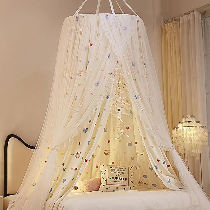 Bed Canopy for Girls, Double Layer Dome Mosquito Net Princess Canopy for Girls Bed Room Decor Reading Nook (Lovely Bear)