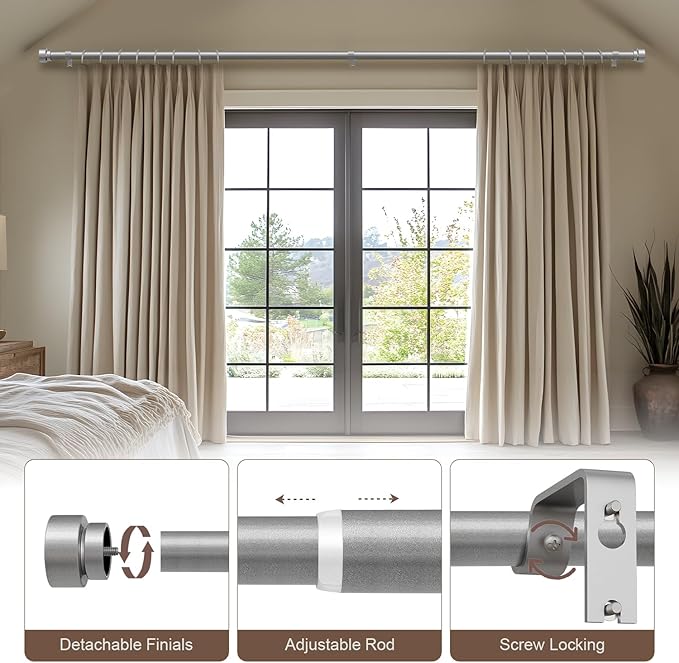 Modern Silver Curtain Rods for Windows 66 to 120 Inches Adjustable Length Heavy Duty 1" Diameter Window Curtain Rod with Decorative Finials for Outdoor Bedroom Kitchen Living Room