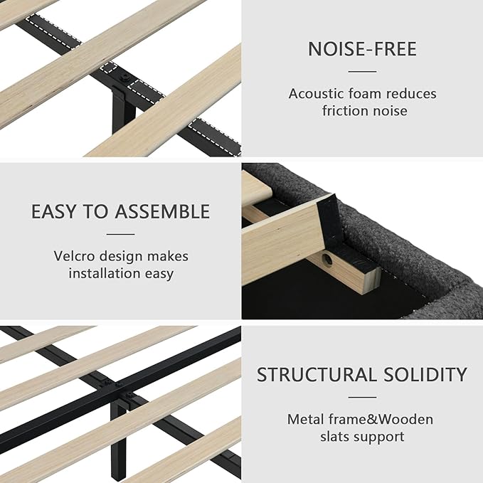 Twin Bed Frames,Breathable Boucle Fabric Upholstered Bed Frame Twin with Headboard,Removable and Washable,Wood Slat Support,No Box Spring Needed,Easy Assembly,Cama Individual, Dark Grey
