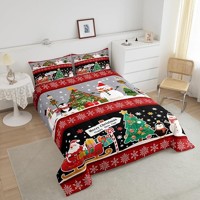 Erosebridal Christmas Tree Decor Quilts Cartoon Snowman Comforter Set for Teens Kids Boys Xmas Deer Elk Santa Claus Bedding Set for New Year Snowflake Red and Black Duvet Insert Full Size