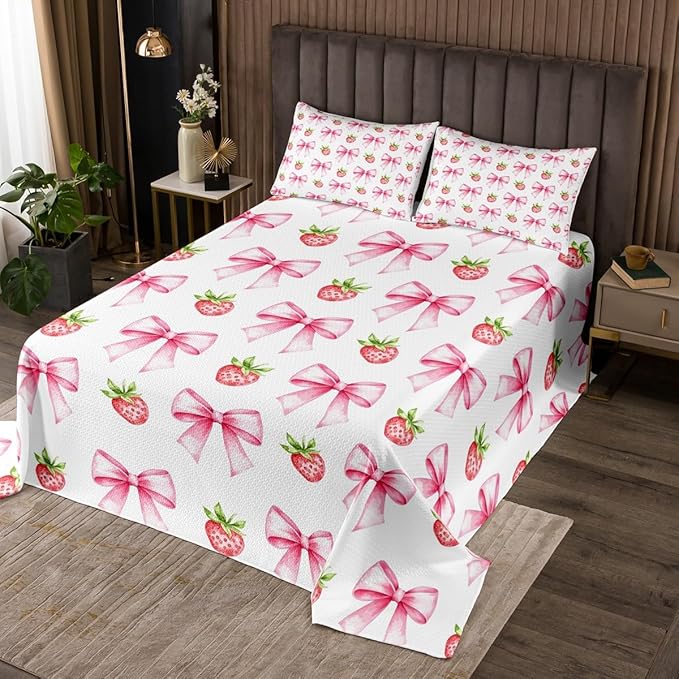 Pink Bowknot Kids Bedspread Twin Size,Strawberry Summer Fruit Toddler Coverlet Set,Girls Women Room Decor,Bow Tie Butterfly Knot Princess Quilted Coverlet,Cartoon Cute Bedding Quilt,1 Pillowcase