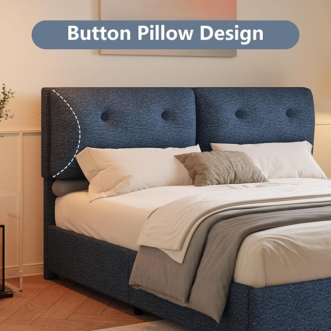 Boucle Upholstered Bed Frame King Size, Low Platform Bed King, Modern Soft Style, Adjustable Headboard, No Box Spring Needed, Easy Assembly, Blue