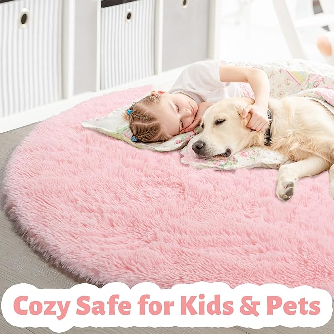 Pink Fluffy Round Rug 5Ft for Girls Bedroom Decor Aesthetic, Shaggy Circle Area Rugs for Kids Room Living Room, Cute Fuzzy Carpet for Nursery, Dorm, Classroom, Teen, Princess, Comfy Baby Playroom Rug