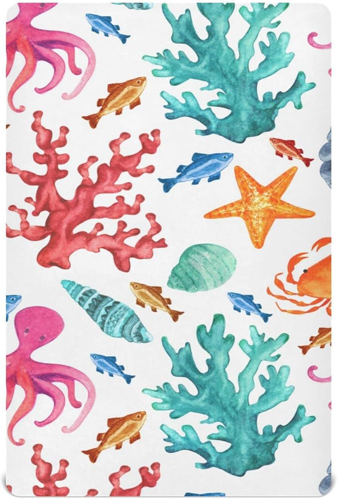 Colorful Ocean Animal Crib Sheets for Boys Girls Pack N Play Sheet Soft Breathable Mini Crib Sheets 39" x 27"