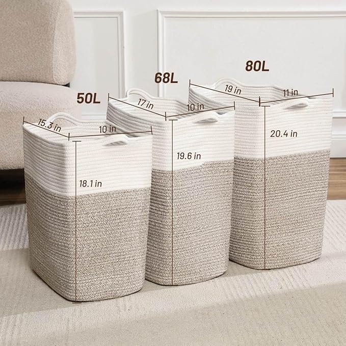 Tall Laundry Basket With Handles,Woven Cotton Rope Big Laundry Hamper Sorters,Versatile Storage for Dirty Clothes,Baby Toys,and Blankets in Bathroom, Nursery,and Living Room (White Brown, 50L)
