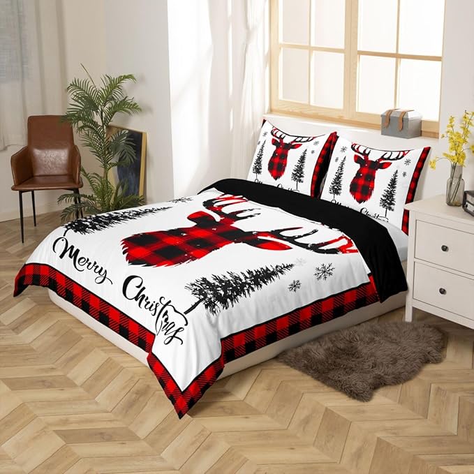 jejeloiu Christmas Bedding Set for Kids Boys Girls Xmas Deer Elk Antlers Comforter Cover Set Full Size Buffalo Check Grid Duvet Cover Bedroom Decor Xmas Bedding Collection 3Pcs