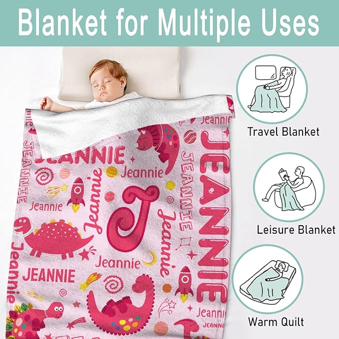 Dinosaur Lover Astronaut Personalized Blanket with Name Custom Pink Dinosaur with Name Flannel Blanket Soft Throw Meaningful Gift for Toddlers Girls Boys Kids Pets 80 * 60" L for Adult