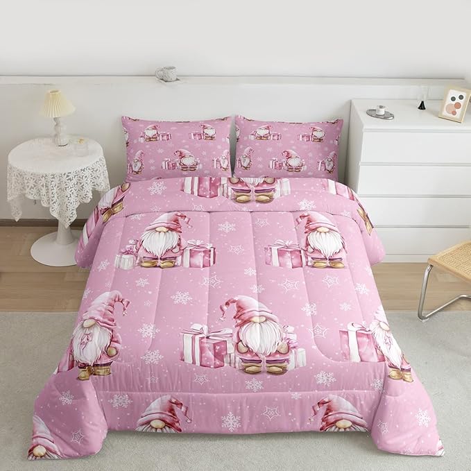 Feelyou Pink Christmas Bedding Set Soft for Boys Girls, Scandinavian Christmas Santa Gnomes Comforter Set King Size Xmas Snowflake Duvet Quilt Bedroom Decor 3 Pcs with 2 Pillow Cases